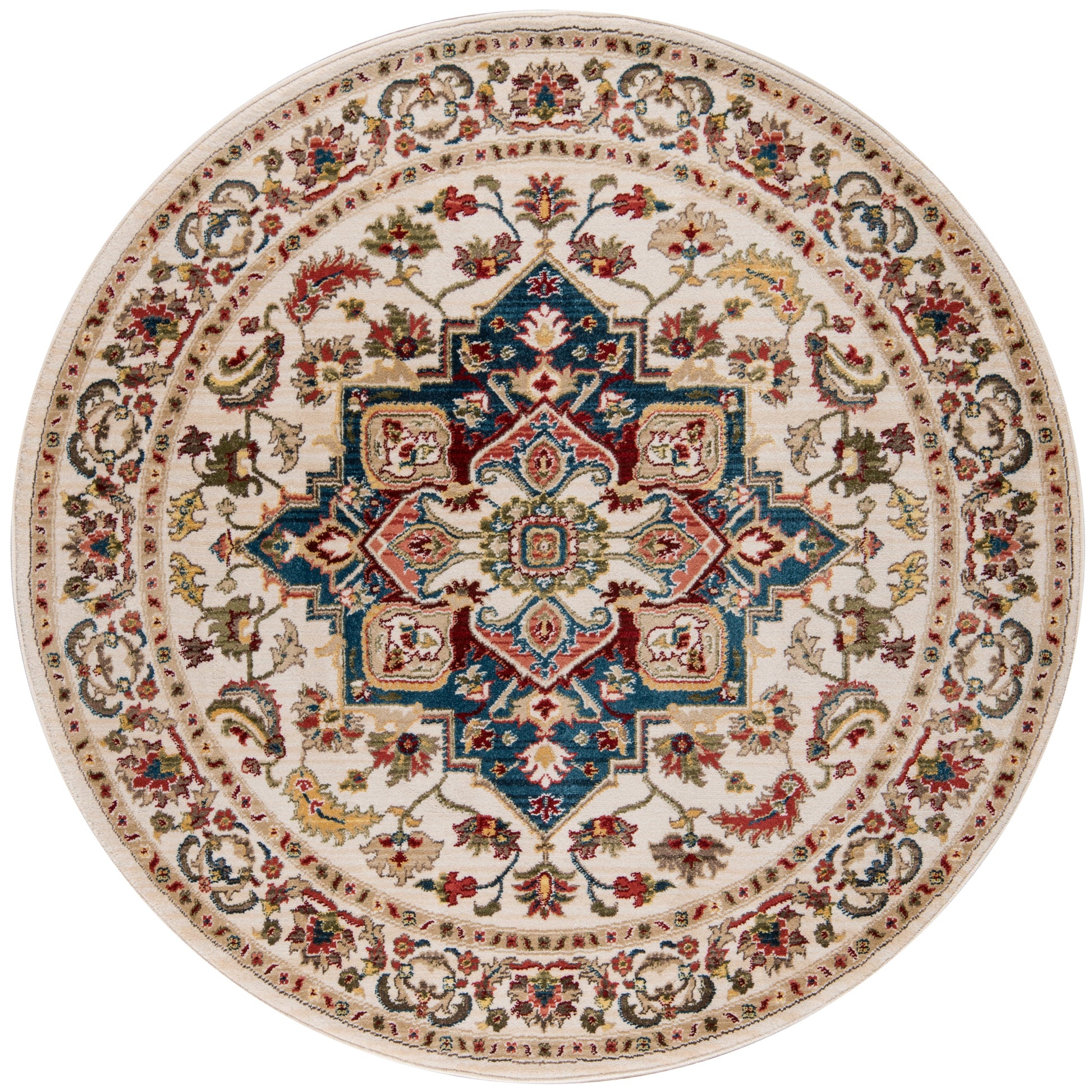Rectangular ivory oriental rug with blue-red central medallion and ornate floral border.