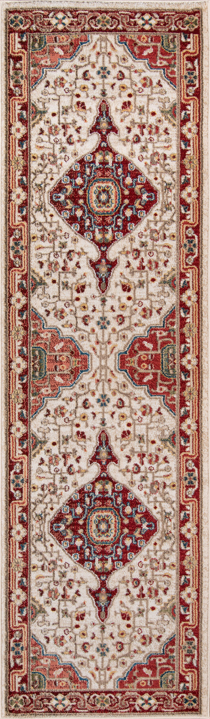 Long Persian-style rug runner with ivory field, red central medallions, blue & gold floral accents, ornate red border.