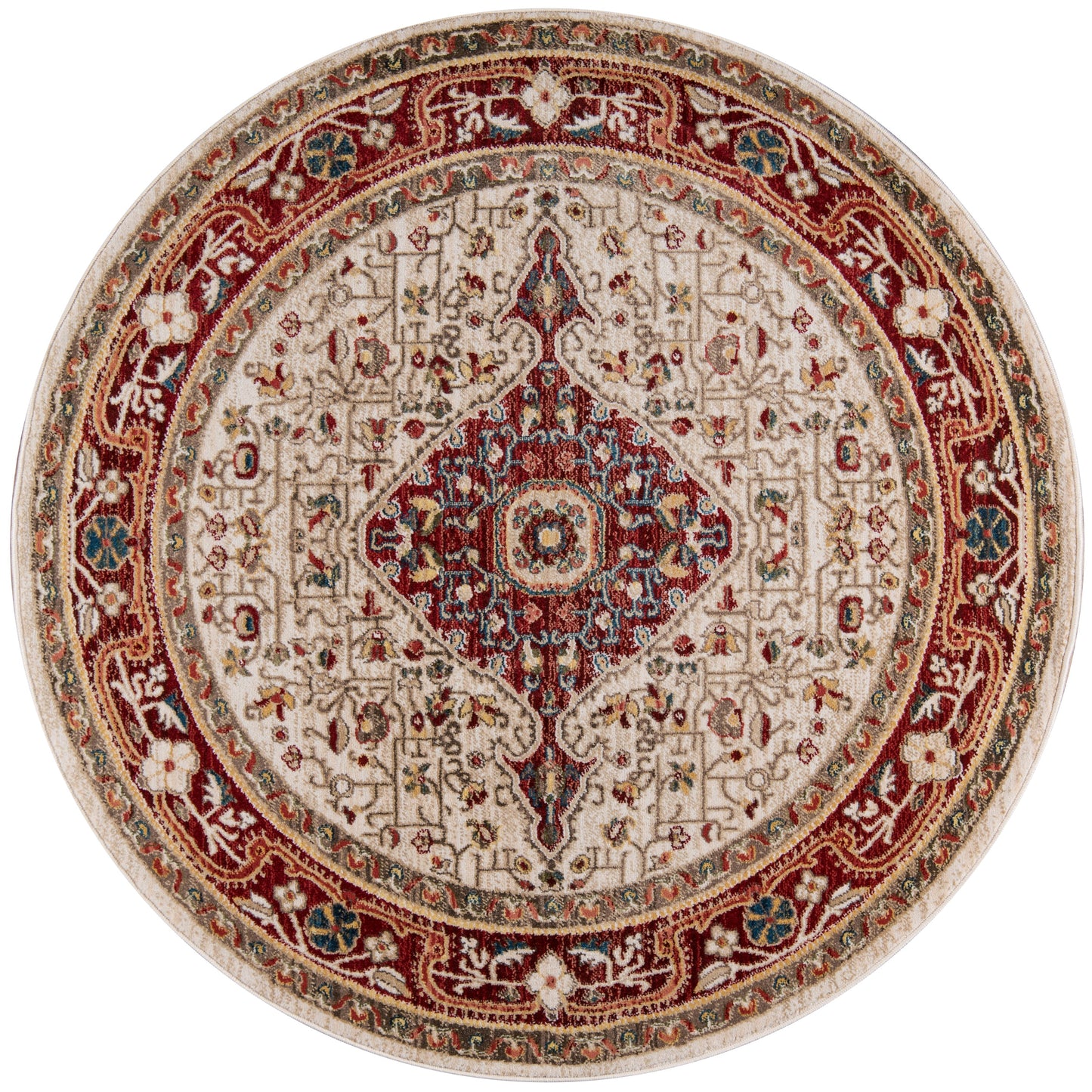 Rectangular 10' x 13' rug with cream field, red border, and an intricate central medallion with floral motifs in Persian style.