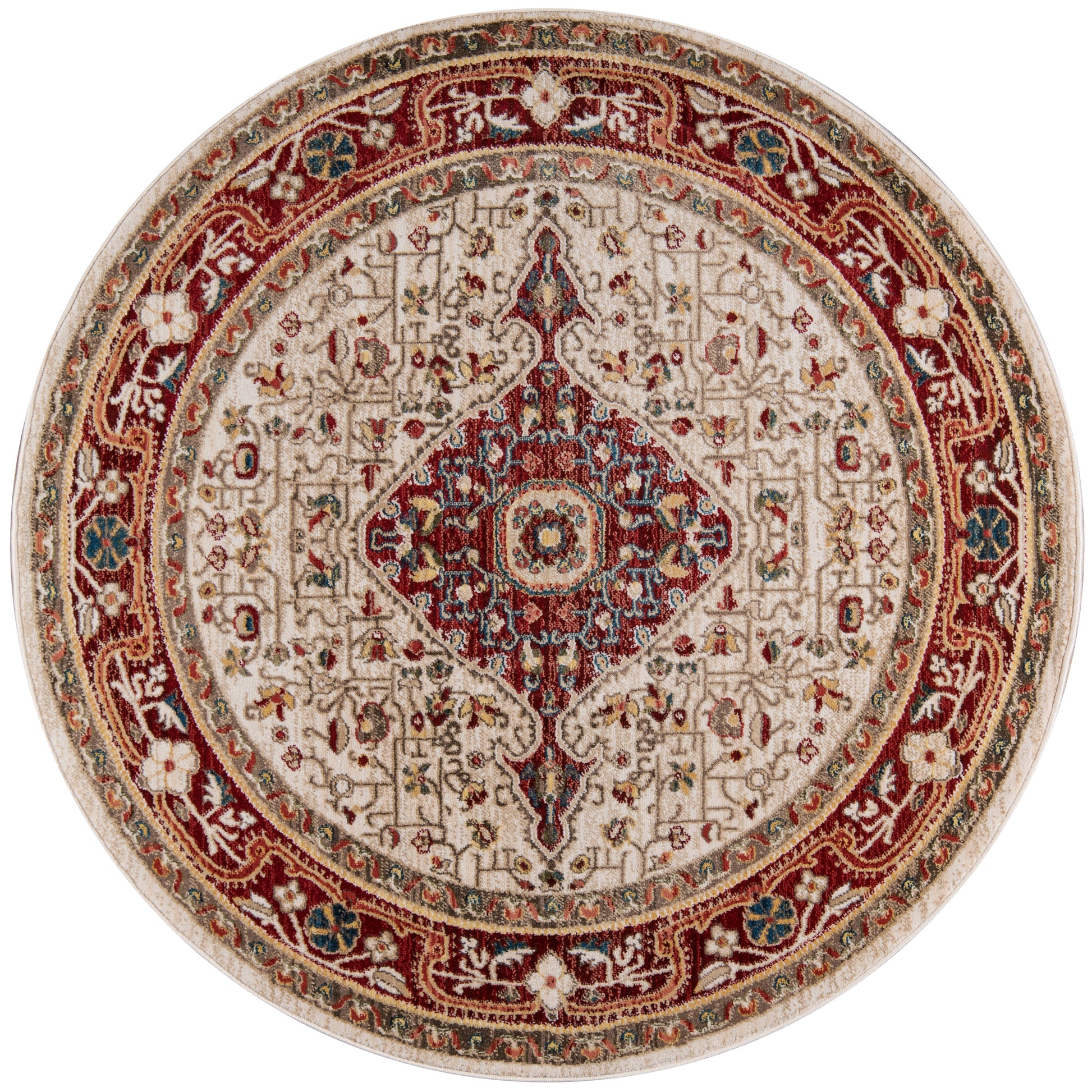 Rectangular 10' x 13' rug with cream field, red border, and an intricate central medallion with floral motifs in Persian style.