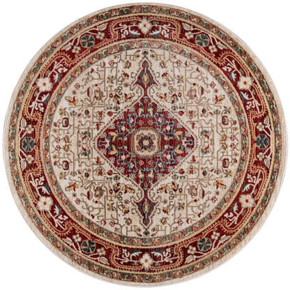 Rectangular 10' x 13' rug with cream field, red border, and an intricate central medallion with floral motifs in Persian style.