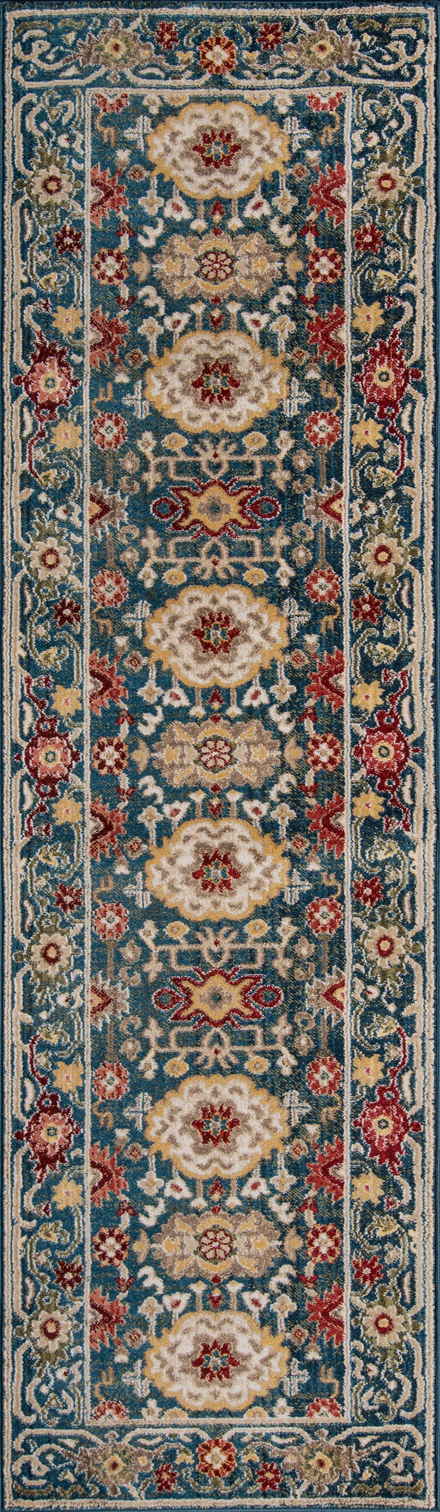 Blue oriental runner rug with ivory medallions, red floral accents, gold detailing and an ornate border.