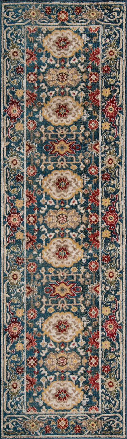 Teal-blue round Persian-style rug with cream medallions, red floral accents and ornate borders.