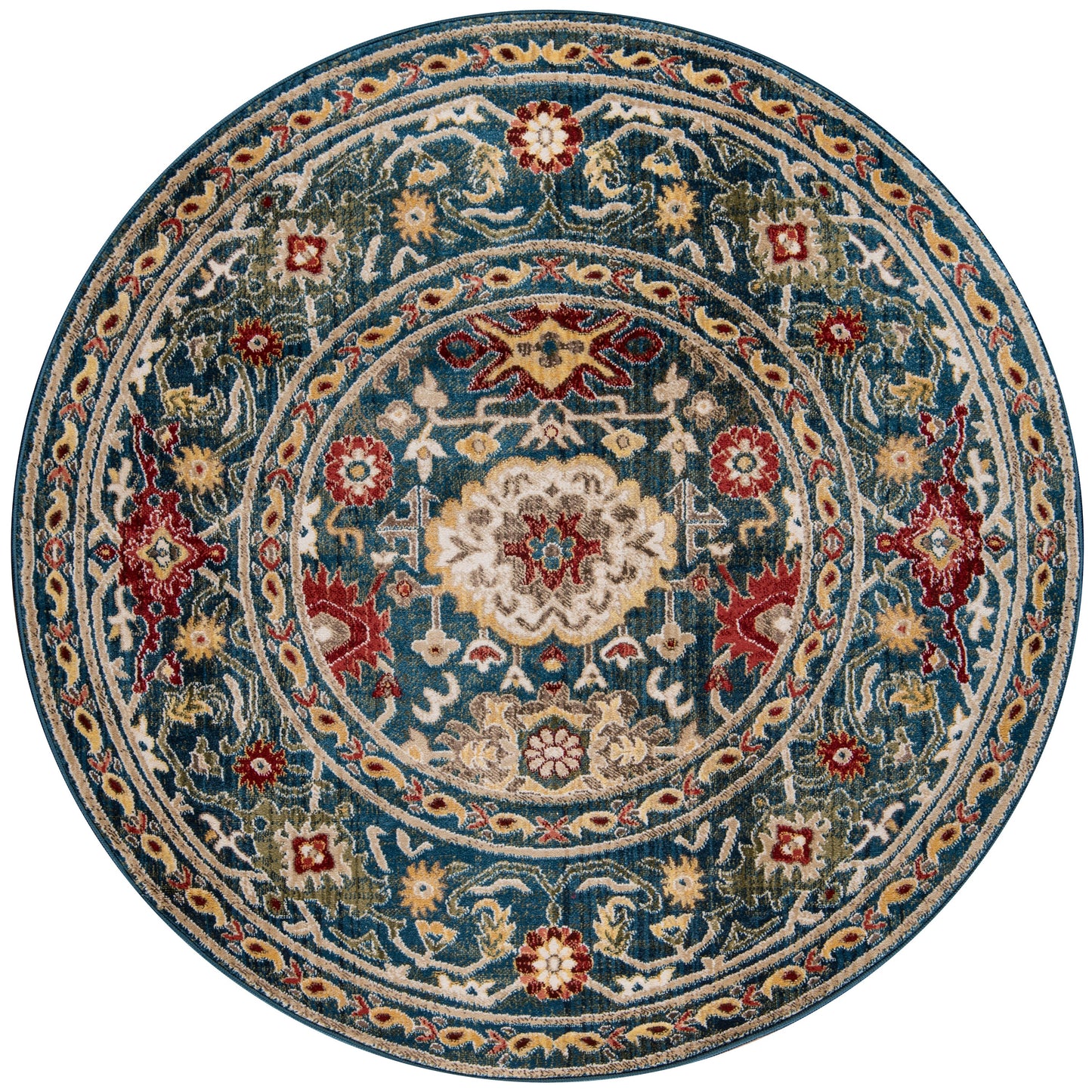 Rectangular blue oriental rug with cream central medallion & red-gold floral borders; Persian-style floor rug, 5' x 8'.