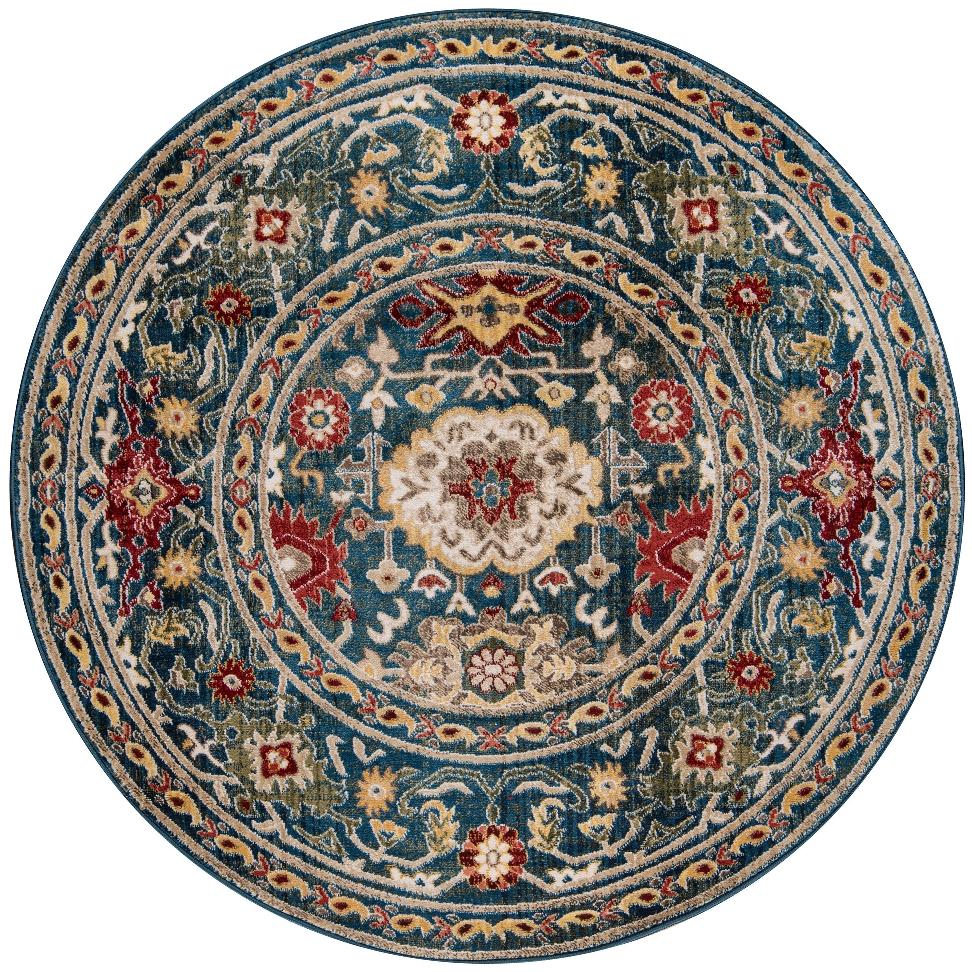 Rectangular blue oriental rug with cream central medallion & red-gold floral borders; Persian-style floor rug, 5' x 8'.