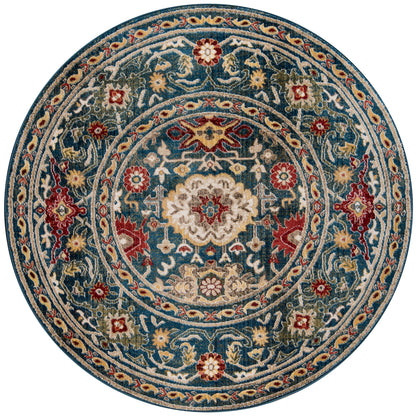 Rectangular blue oriental rug with cream central medallion & red-gold floral borders; Persian-style floor rug, 5' x 8'.