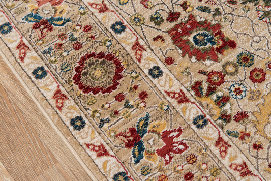Beige oriental rug with red, blue and green floral motifs and decorative borders on a wooden floor.