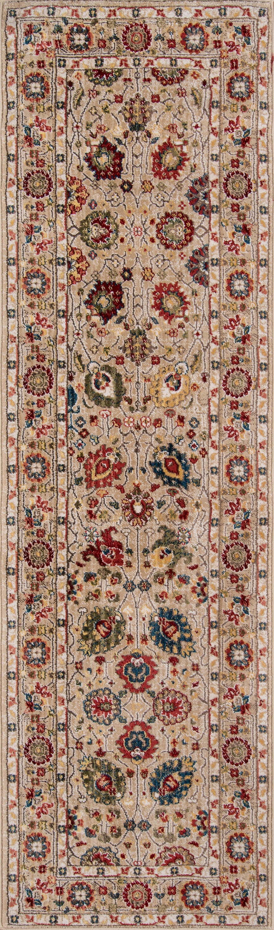Ivory-toned Persian-style area rug with multicolor floral motifs in red, blue, green & gold; intricate bordered design, 8' x 10'.