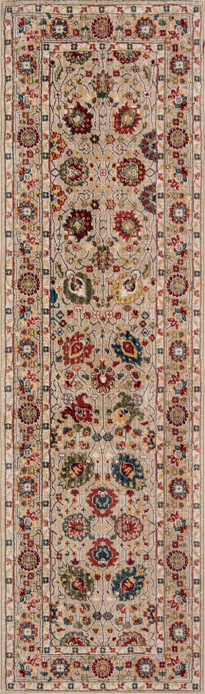 Ivory-toned Persian-style area rug with multicolor floral motifs in red, blue, green & gold; intricate bordered design, 8' x 10'.