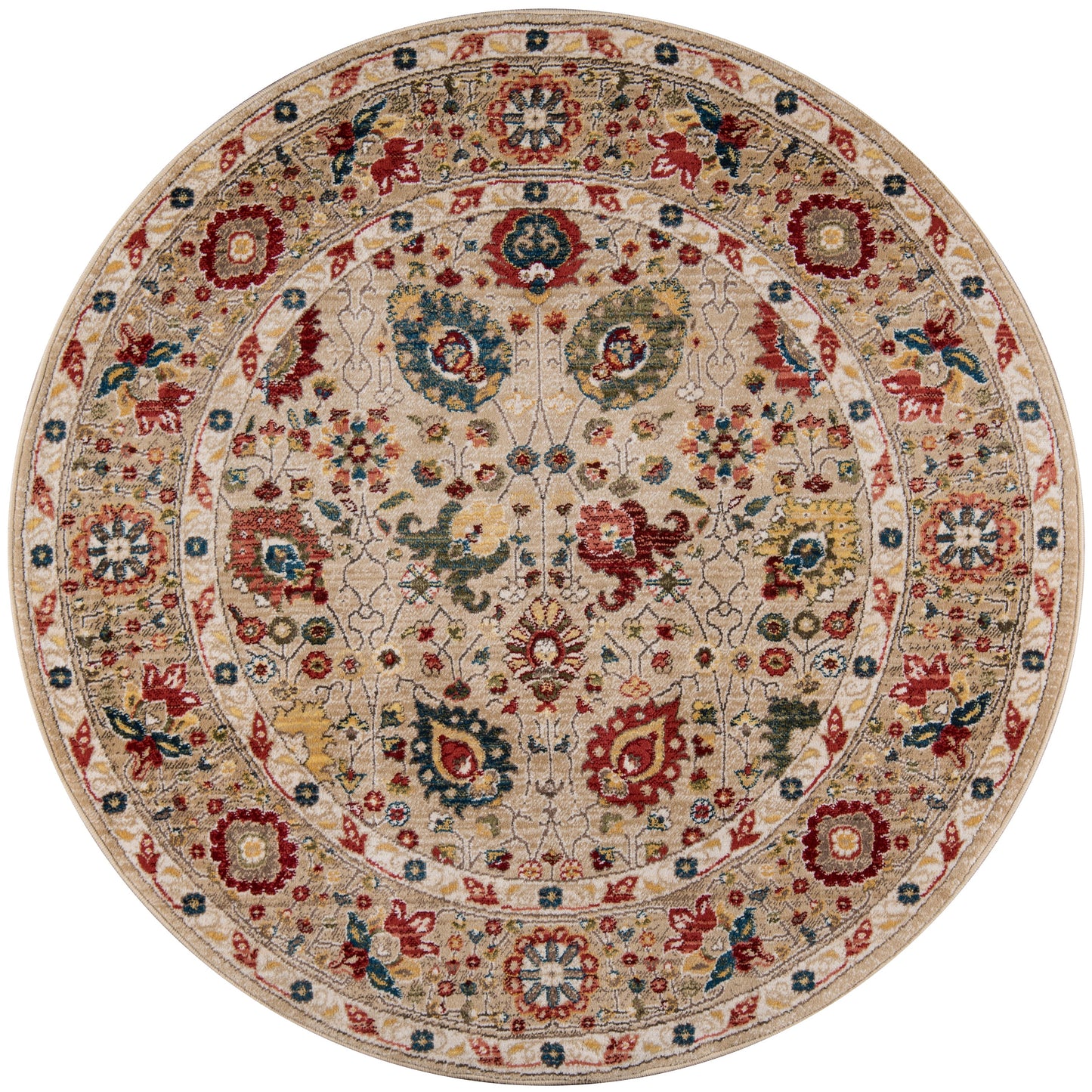 Rectangular beige oriental rug, 8' x 10', with multicolor floral motifs in red, blue, green and ivory; ornate border pattern.