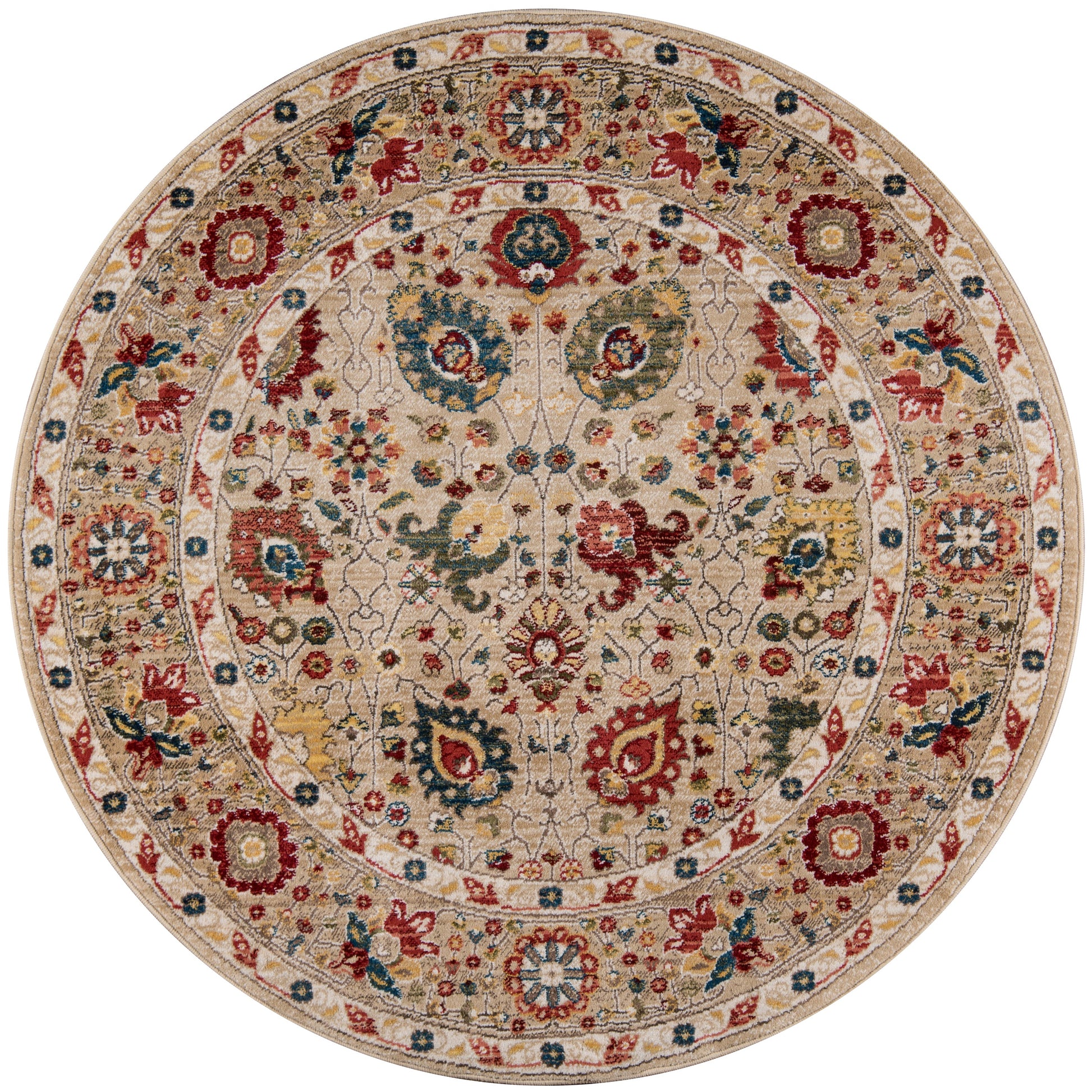Round ivory-beige oriental rug with multicolored floral medallions and decorative border in red, blue, green.