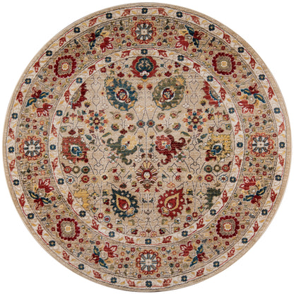 Round ivory Persian-style rug with multicolor floral motifs in red, blue, green and an ornate border.