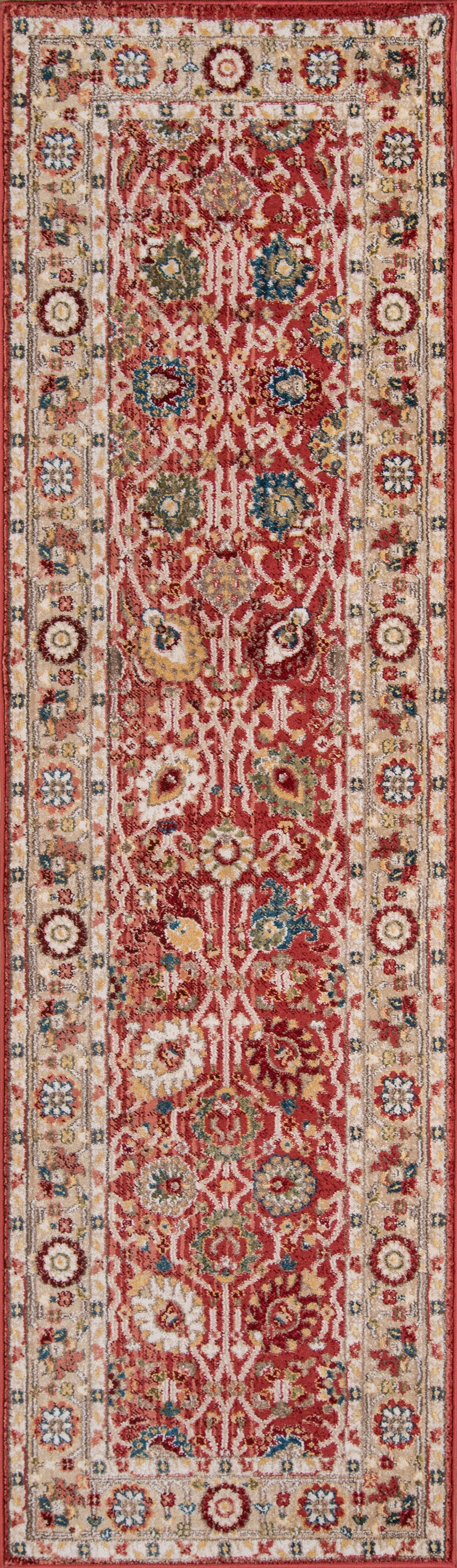 Persian-style red runner rug with ornate floral motifs in cream, blue, and green and an intricate beige border.