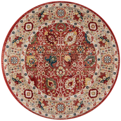 Rectangular oriental rug with red central area, ivory border, and intricate blue, cream, and gold floral motifs.