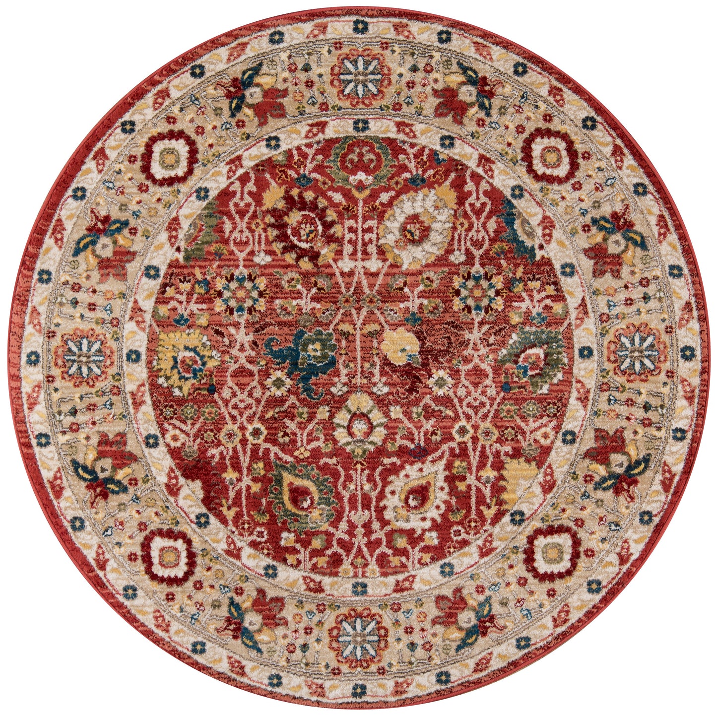 Round Persian-style rug with red central field, ivory border, and intricate blue, teal, and gold floral vines.