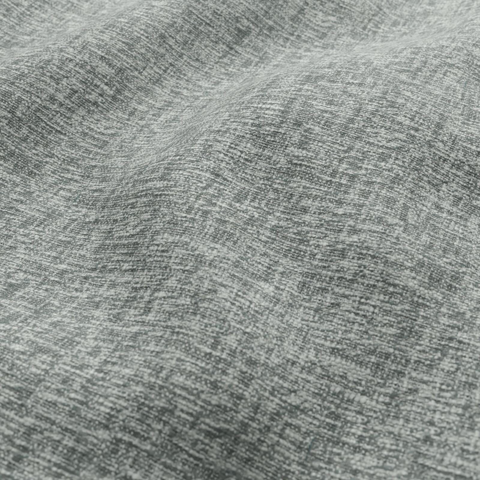 Close-up of a textured woven fabric in pewter & green tones; plain weave with subtle texture.