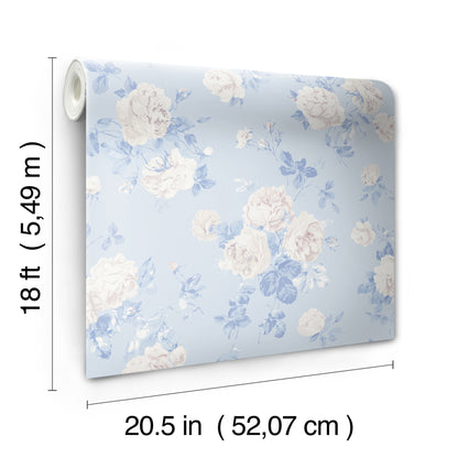 York Wallcoverings NuWallpaper Everblooming Rosettes Whisper Blue Cabbage Rose Bouquets Peel and Stick Wallpaper Botanical Vintage Whisper Blue  Current Peel & Stick - LFS6490