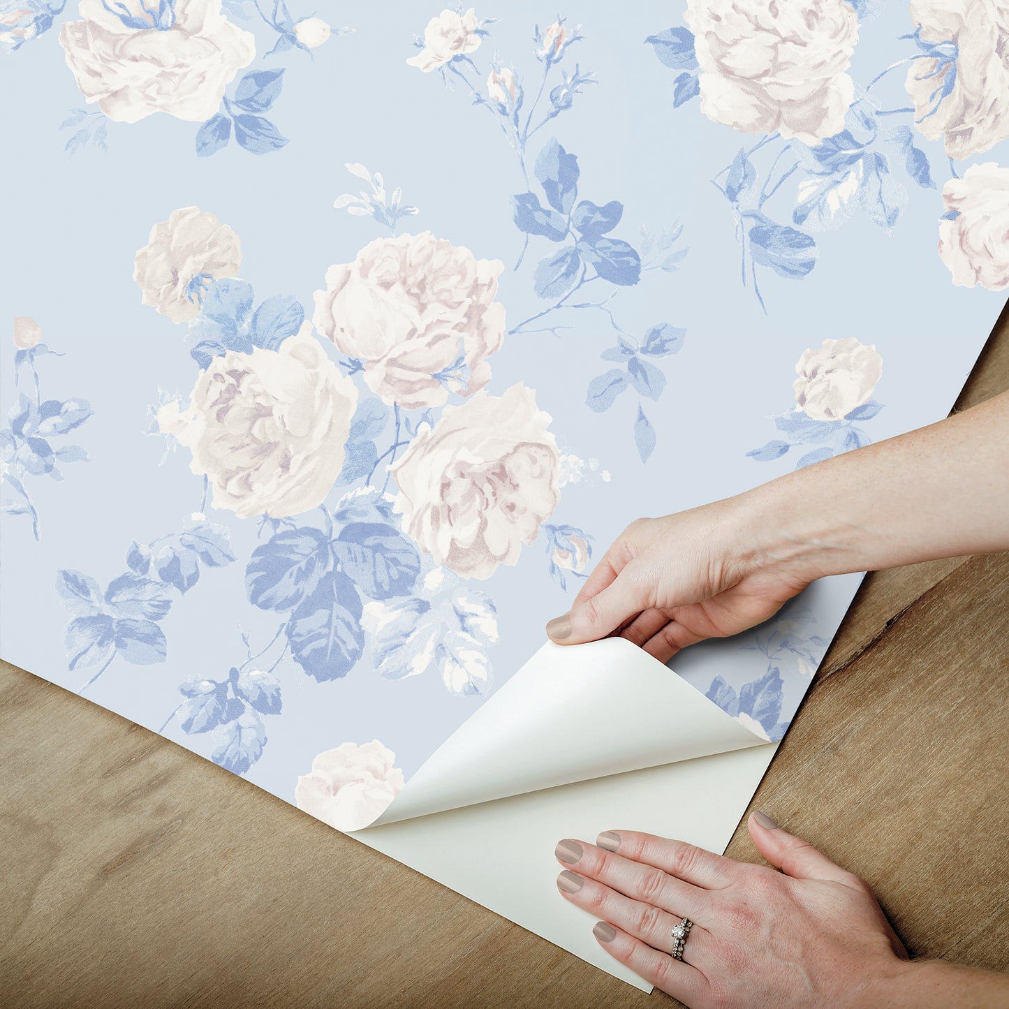 York Wallcoverings NuWallpaper Everblooming Rosettes Whisper Blue Cabbage Rose Bouquets Peel and Stick Wallpaper Botanical Vintage Whisper Blue  Current Peel & Stick - LFS6490