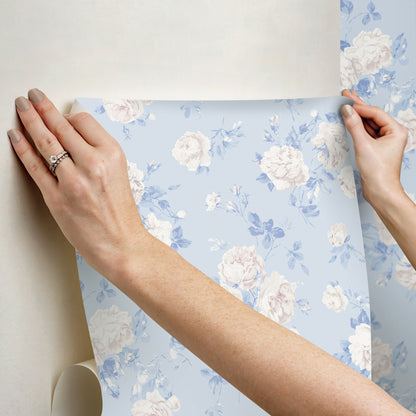 York Wallcoverings NuWallpaper Everblooming Rosettes Whisper Blue Cabbage Rose Bouquets Peel and Stick Wallpaper Botanical Vintage Whisper Blue  Current Peel & Stick - LFS6490