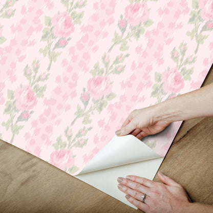 York Wallcoverings NuWallpaper Blooming Heirloom Strawberry Macaron Rose Stripe Peel and Stick Wallpaper Botanical Whimsical Strawberry Macaron  Current Peel & Stick - LFS6491