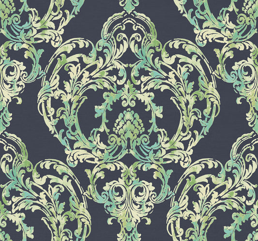 Seabrook Designs  Roxen Damask Damask Traditional Navy, Off-White, , Mint   - LG90712