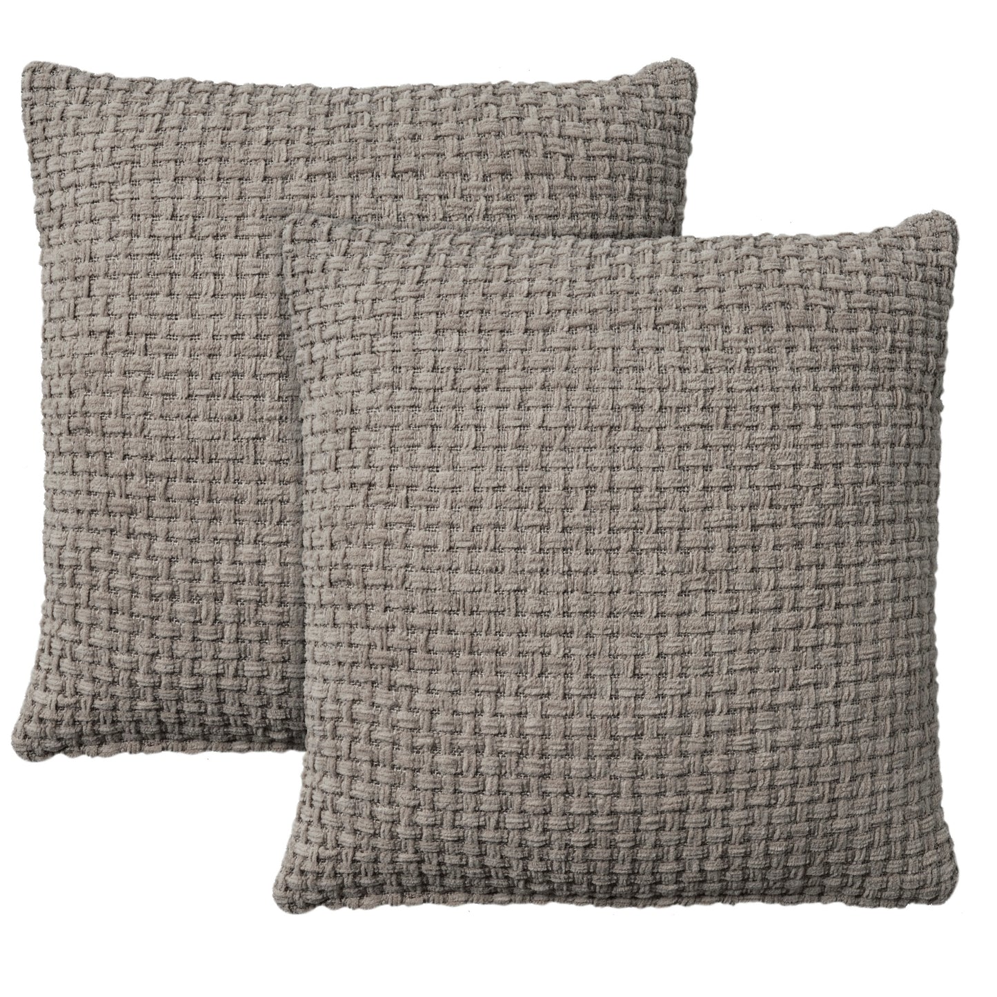 Set of two 18x18 grey textured throw pillows featuring a waffle weave pattern with thick yarn detailing and subtle shimmer accents. Modern farmhouse decorative accent pillows styled on a sofa for cozy neutral home decor, contemporary living rooms, bedrooms, and layered pillow arrangements.