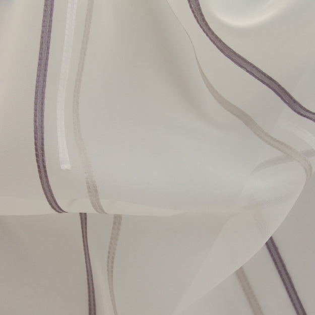 White sheer fabric with purple stripes, embroidery; soft drape, double width.