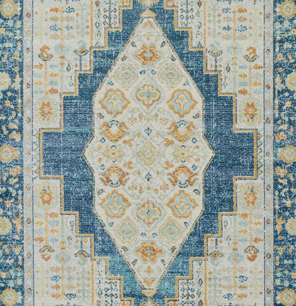 Blue and ivory oriental area rug with central diamond medallion, floral motifs, and stepped border.