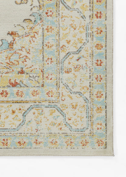 Pastel area rug with ivory field, pale blue border and floral motifs in coral and blue; woven rectangular rug.