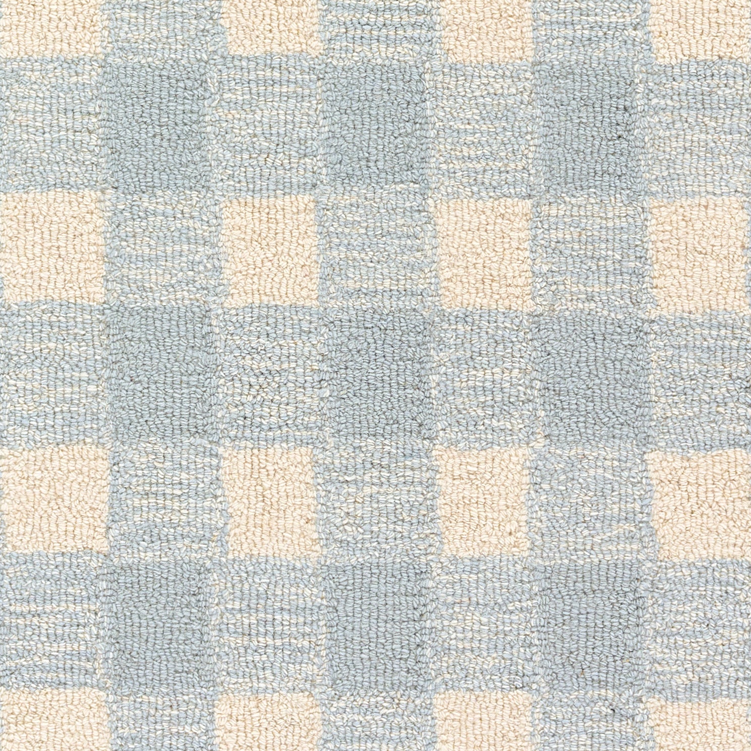 Blue & cream checker-pattern rug with soft looped-pile texture; 5' x 8' rug.