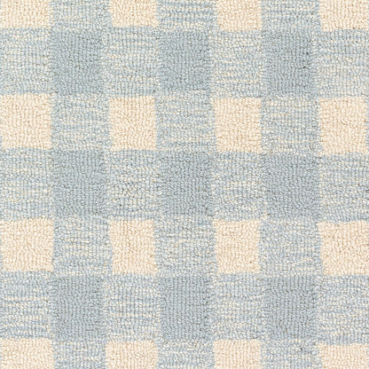 Blue and cream checkered boucle woven rug with square grid pattern.