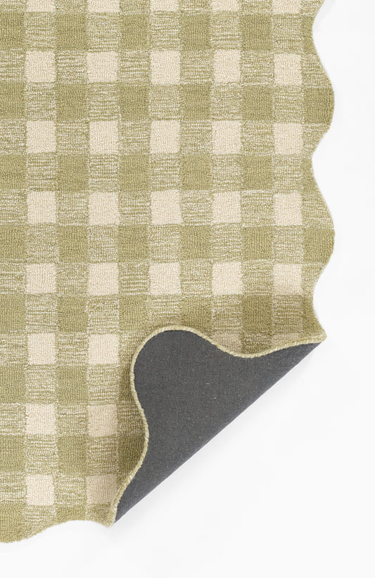 Olive-green and beige gingham rug with scalloped edge and dark reverse side, 9' x 12'.