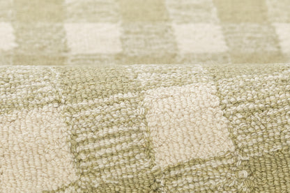Cream and sage checkered woven rug runner with boucle texture, 2' x 8'.