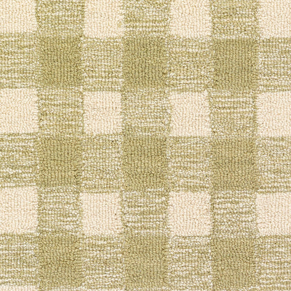 Olive-green and cream plaid woven rug with textured loop pile and chunky check pattern.