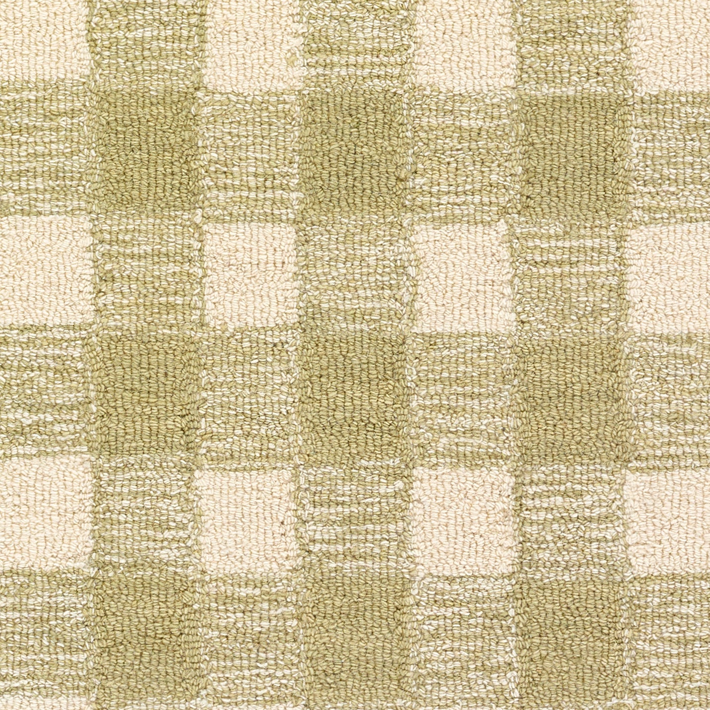 Beige and olive green plaid woven rug with a looped texture and square checker pattern.