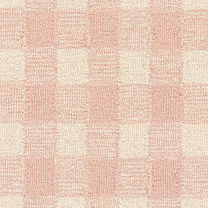 Pink and cream checkered terry cloth fabric with soft loop texture and square pattern.