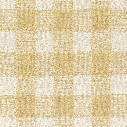 Cream and pale yellow checkered woven rug with boucle texture.