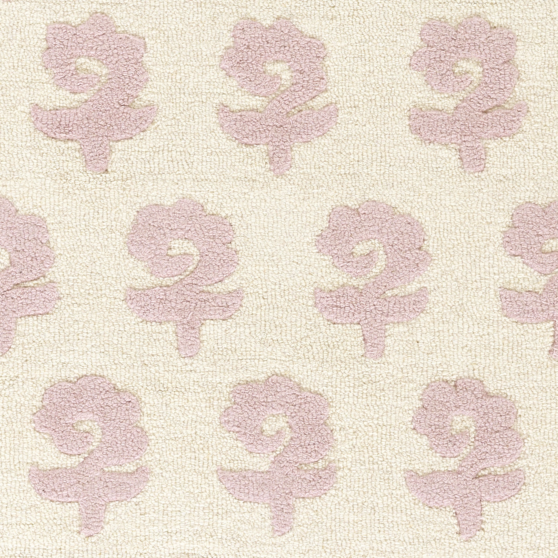 Cream textured rug runner, 2' x 8', with repeating pale pink lily-like floral motifs.