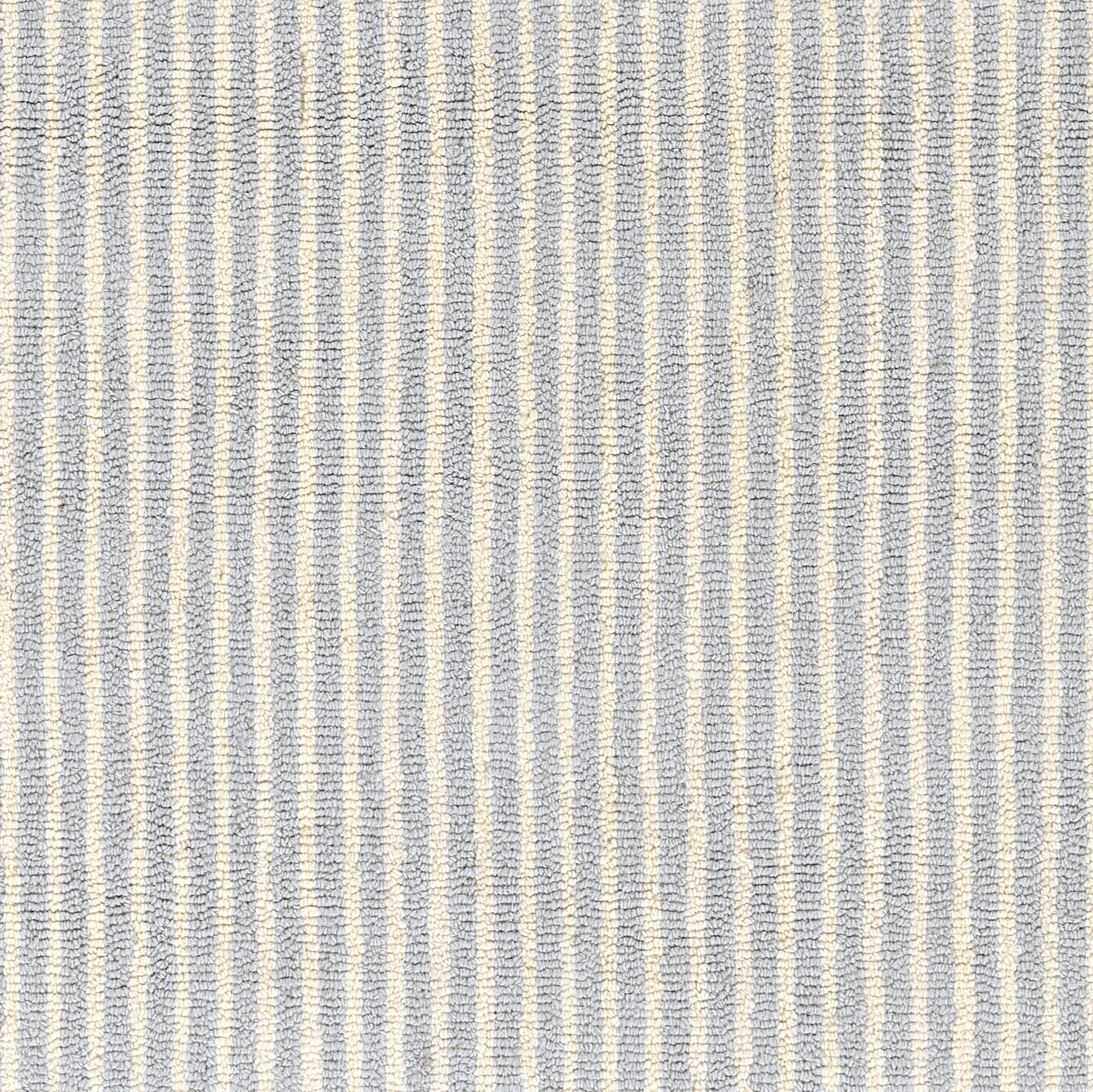 Blue and white vertical striped woven rug with a textured weave, 9' x 12'.