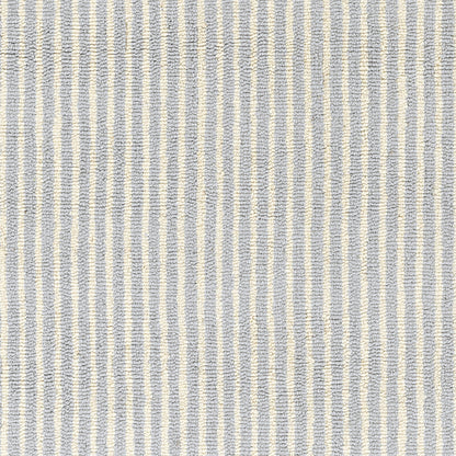Blue and cream striped rug with a subtle woven texture.
