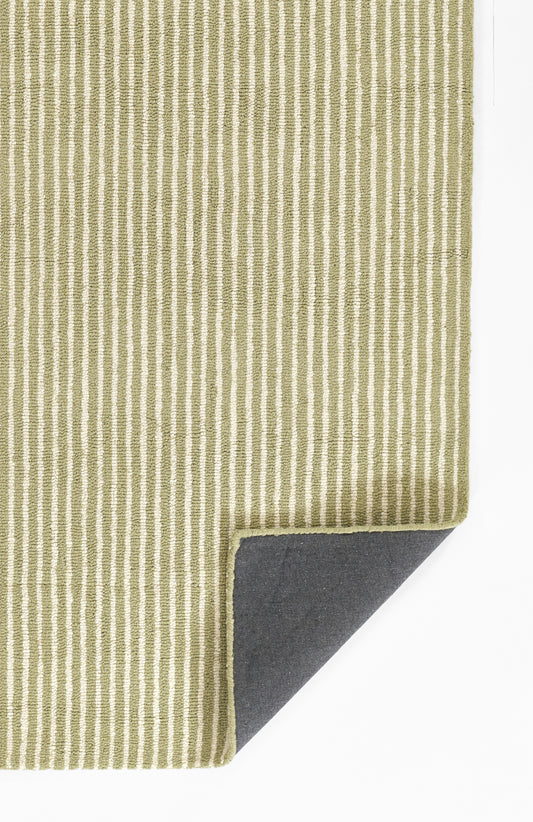 Olive green and cream vertical striped woven rug with a folded corner and visible stitching along the edge.
