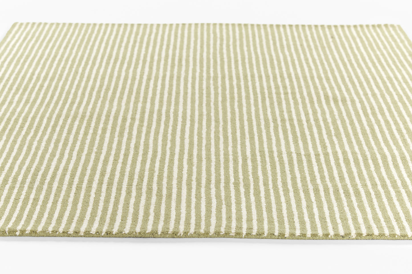 Olive green and cream striped rug, rectangular flat-weave for modern living room decor.