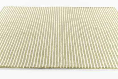 Rectangular flatweave rug, 2' x 3', olive-green and ivory stripes with a fringed edge.