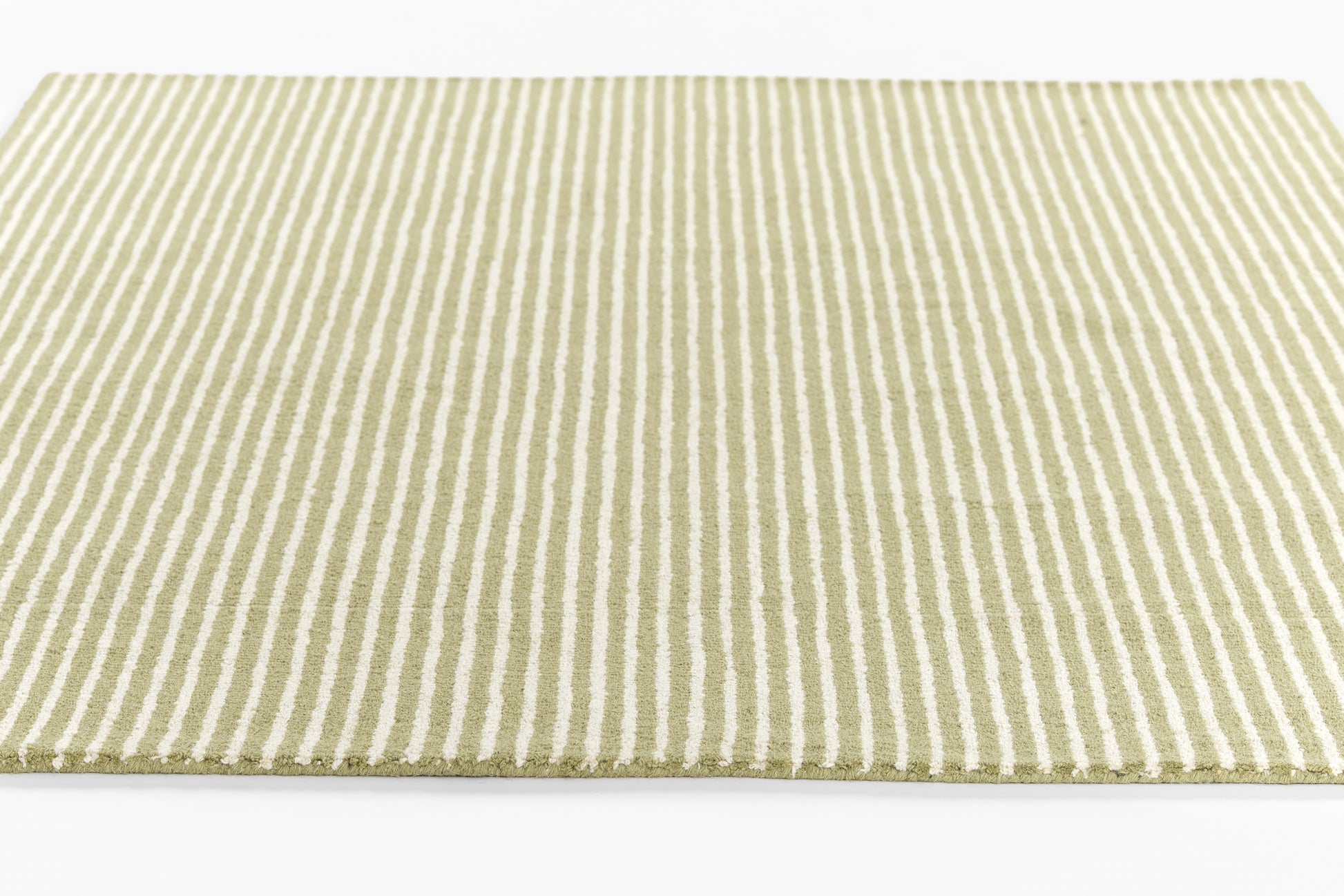 Green and ivory striped woven rug, rectangular flat-weave, versatile for living room or hallway.