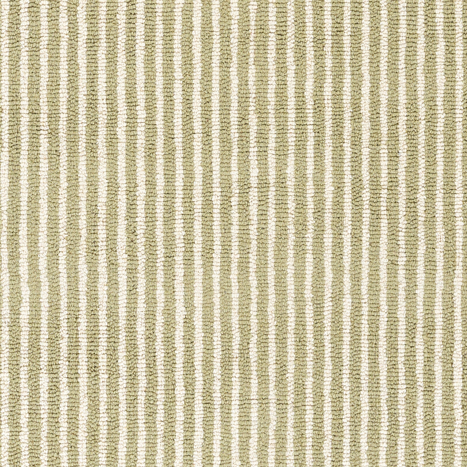 Olive green and cream striped woven rug with narrow vertical ribs.