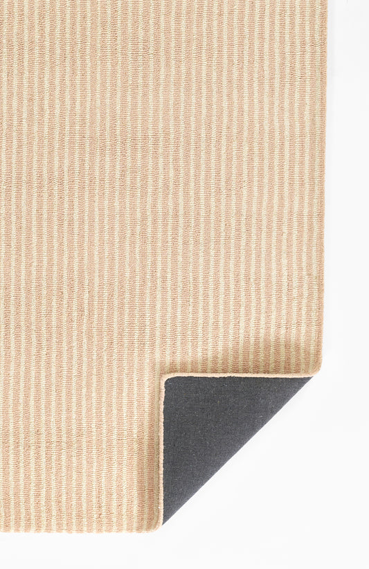 Beige and cream striped woven rug; textured fabric with a folded corner revealing dark backing.