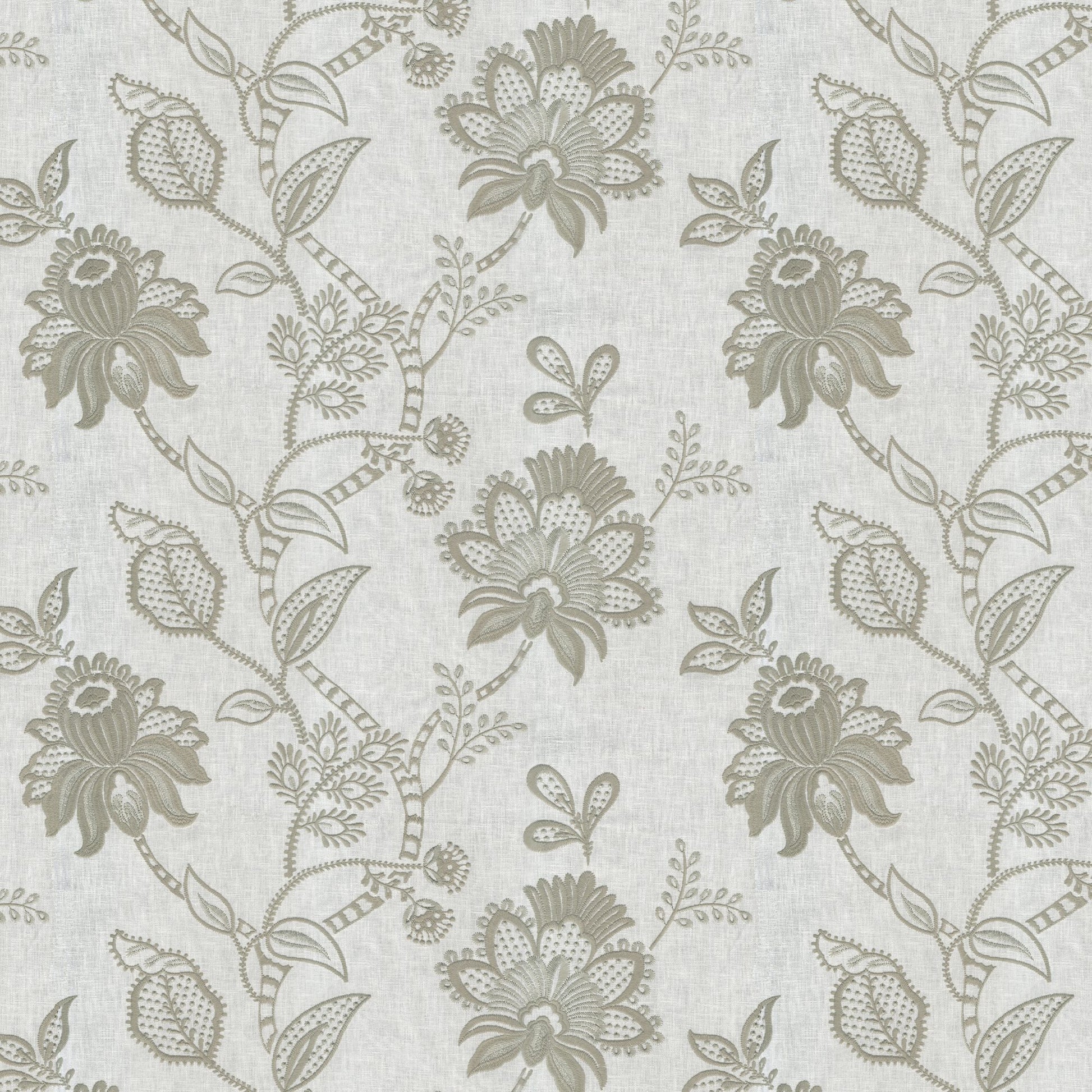 Beige linen-textured fabric with a taupe-grey floral damask embroidery pattern.