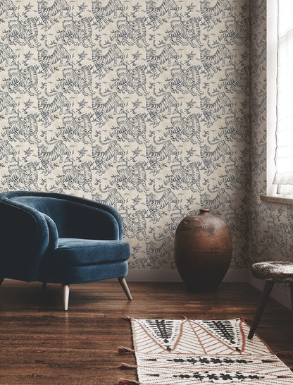York Wallcoverings Lemieux et Cie Signature Orly Tigers Indigo Wallpaper Vintage Animals and Insects Whites and Off-Whites   - LM5333