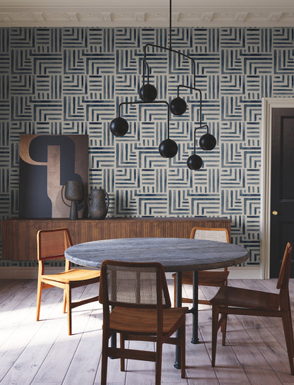 York Wallcoverings Lemieux et Cie Signature Painterly Labyrinth Navy Wallpaper Transitional Geometrics Blues   - LM5361