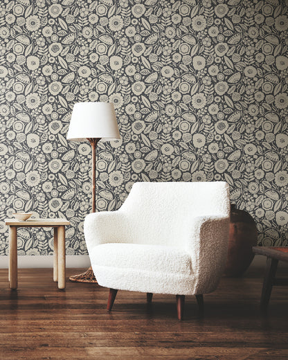 York Wallcoverings Lemieux et Cie Signature Camille Blossom Charcoal Wallpaper Feature Wall Florals Greys   - LM5395